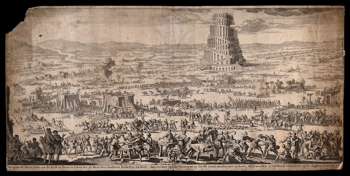 A detailed seventeenth-century engraving of the work surrounding the building of the Tower of Babel.