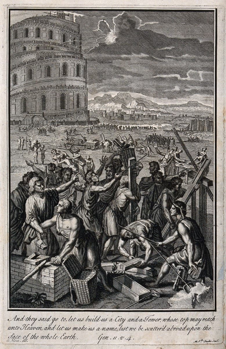 Engraving of the builders of Babel arguing as their language is confounded