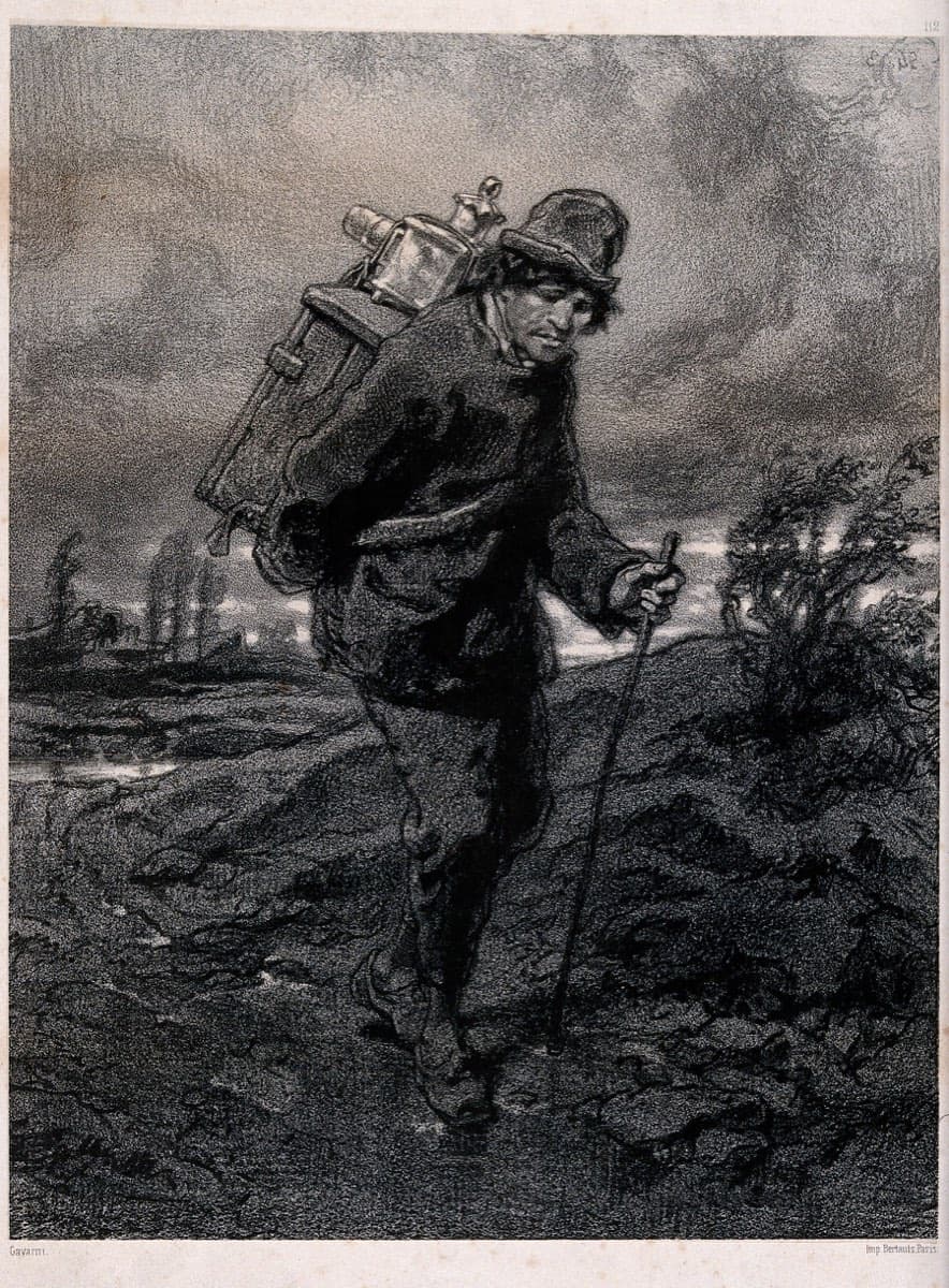A nineteenth-century print of a pedlar carrying a magic lantern