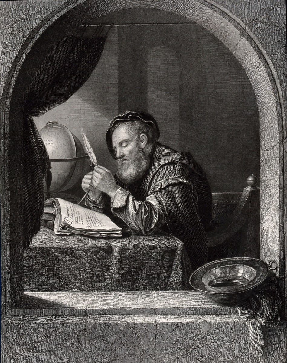 Engraving of a seated man sharpening a quill pen