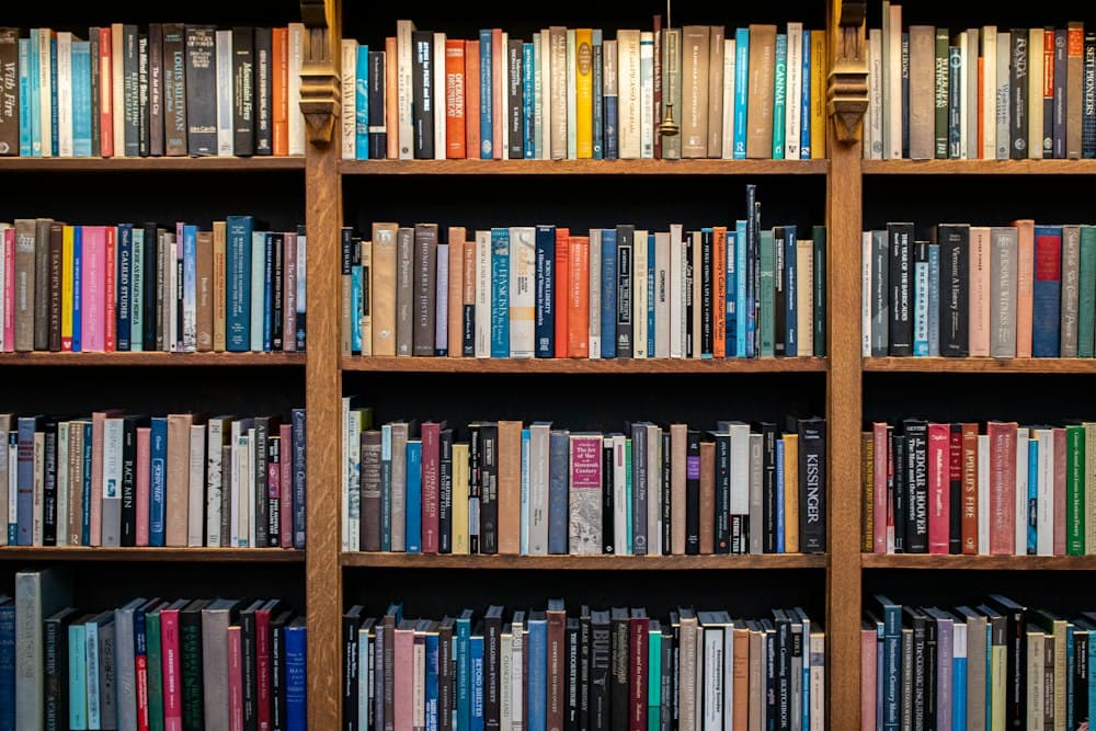 Rows of books on wooden library shelves.